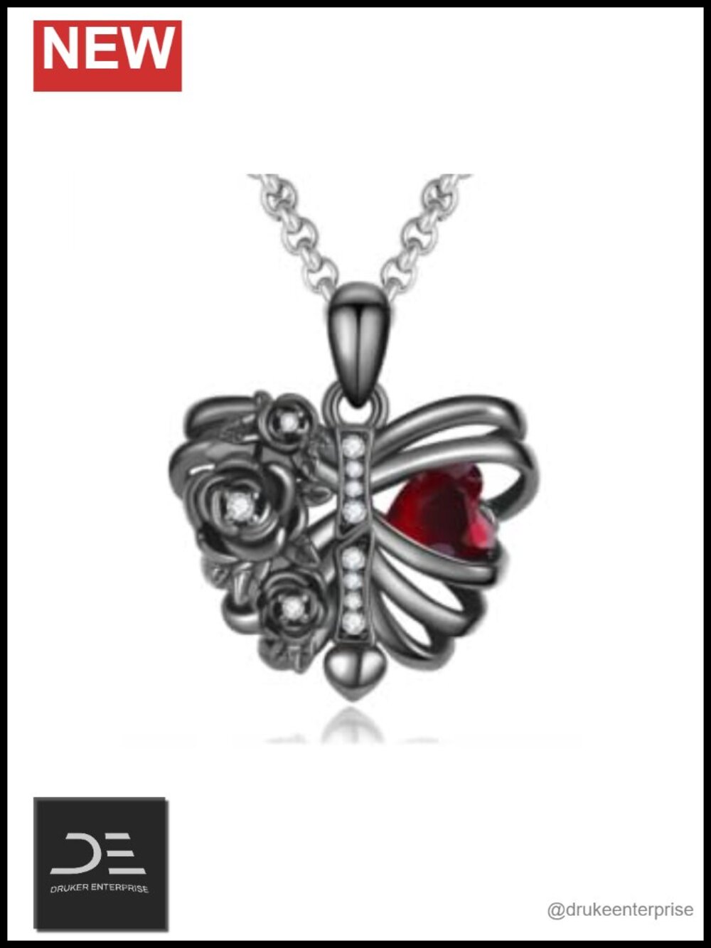 Gothic Sterling Silver Rib Cage Heart Pendant Necklace Halloween Goth Skull